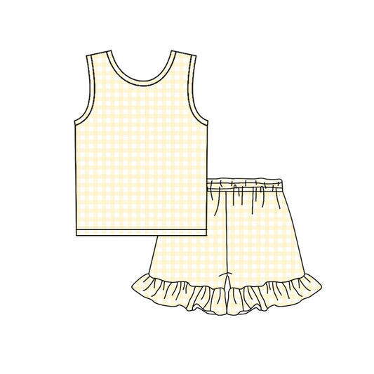 MOQ 5 PCS Preorder GSSO3626 Yellow Plaid Sleeveless Ruffle Shorts Girls Sets 202603