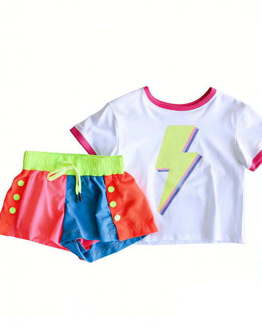 MOQ 5 PCS Preorder GSSO3629 Lightning Colored Short Sleeve Shorts Girls Sets 202603