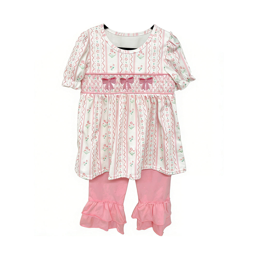 MOQ 5 PCS Preorder GSSO3630 Bows Floral Pink Short Sleeve Ruffle Shorts Girls Sets 202603