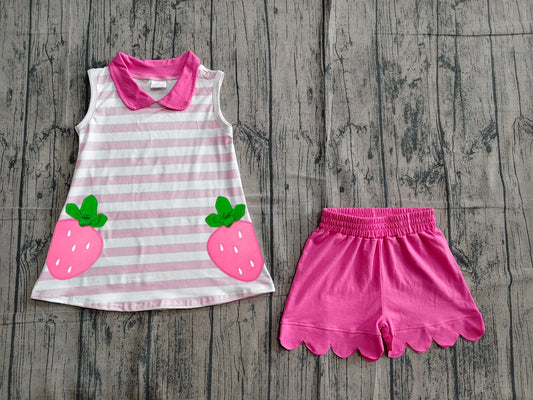 NO MOQ Preorder GSSO3631 Strawberry Rose Red Doll Collar Stripe Sleeveless Wave Ruffle Shorts Girls Sets 202605