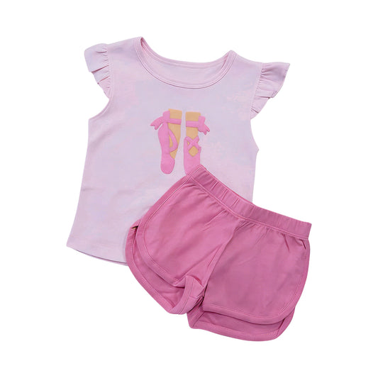MOQ 5 PCS Preorder GSSO3634 Ballet Shoes Bow Pink Flying Sleeve Shorts Girls Sets 202603