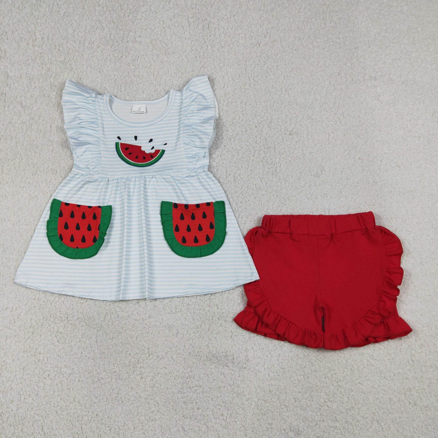 GSSO3636 Embroidered Watermelon Green Ruffle Pocket Blue Stripe Fly Sleeve Shorts Girls Sets 202605 RTS