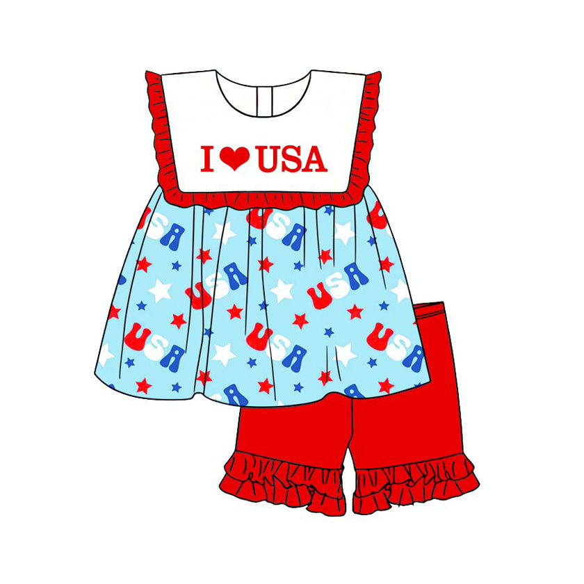 MOQ 5 PCS Preorder GSSO3637 4th of July I Love USA Red Ruffle Sleeveless Shorts Girls Sets 202603