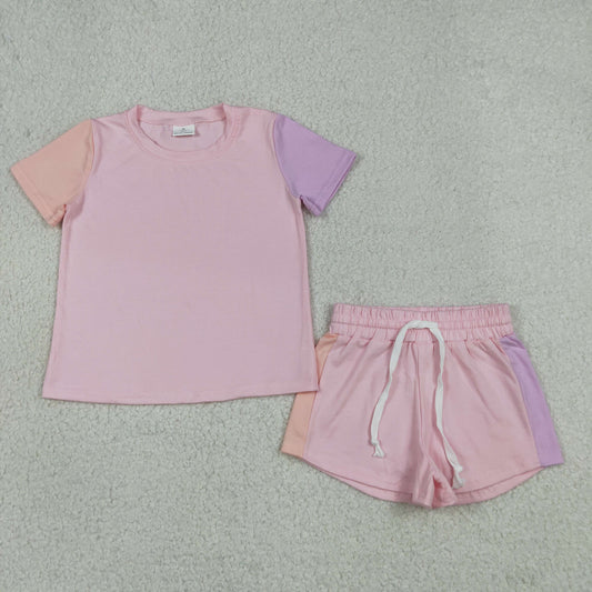 GSSO3638 Pink Patchwork Short Sleeve Shorts Girls Sets 202605 RTS