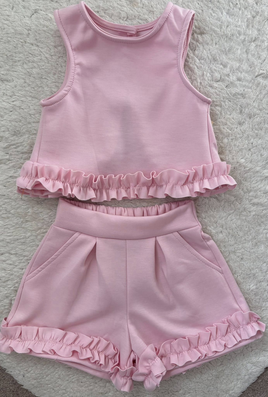 MOQ 5 PCS Preorder GSSO3639 Solid Pink Ruffle Sleeveless Shorts Girls Sets 202603