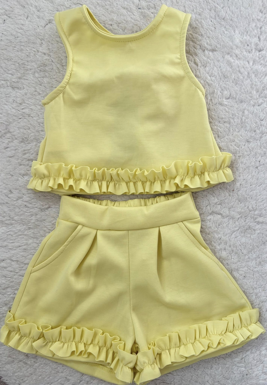 MOQ 5 PCS Preorder GSSO3640 Solid Yellow Ruffle Sleeveless Shorts Girls Sets 202603