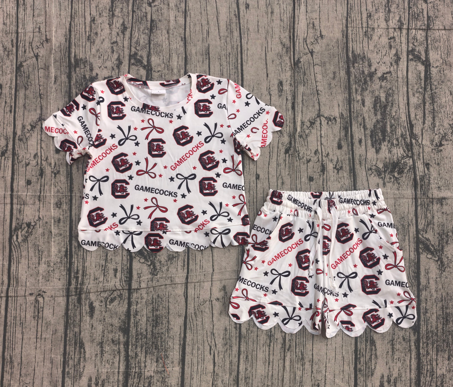 NO MOQ Preorder GSSO3641 GO TEAM Carolina Bows Star White Wave Ruffle Short Sleeve Shorts Girls Sets 202604