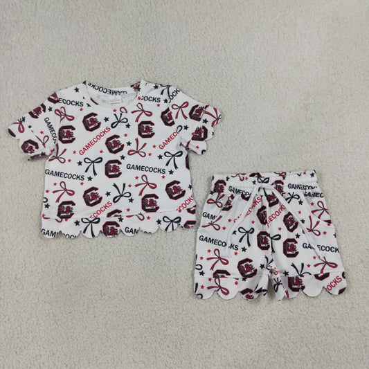 GSSO3641 GO TEAM Carolina Bows Star White Wave Ruffle Short Sleeve Shorts Girls Sets 202607 RTS