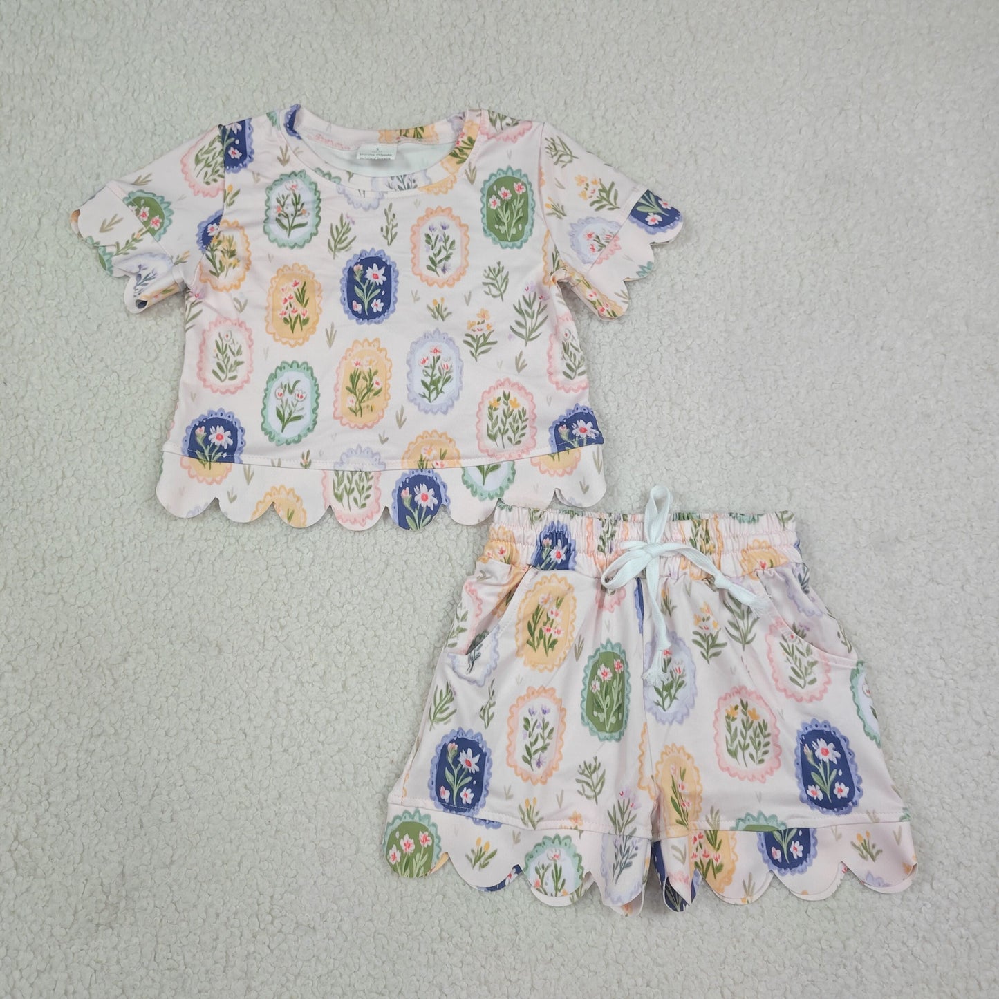 GSSO3643 Flower Leaf Pink Wave Ruffle Short Sleeve Shorts Girls Sets 202608 RTS
