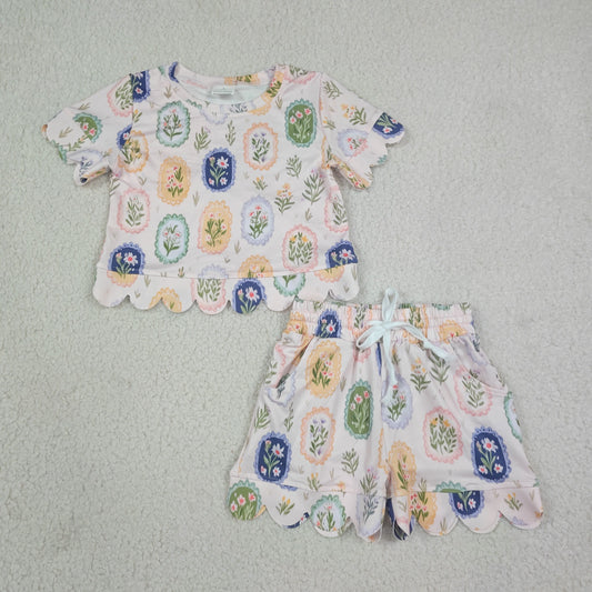 GSSO3643 Flower Leaf Pink Wave Ruffle Short Sleeve Shorts Girls Sets 202608 RTS