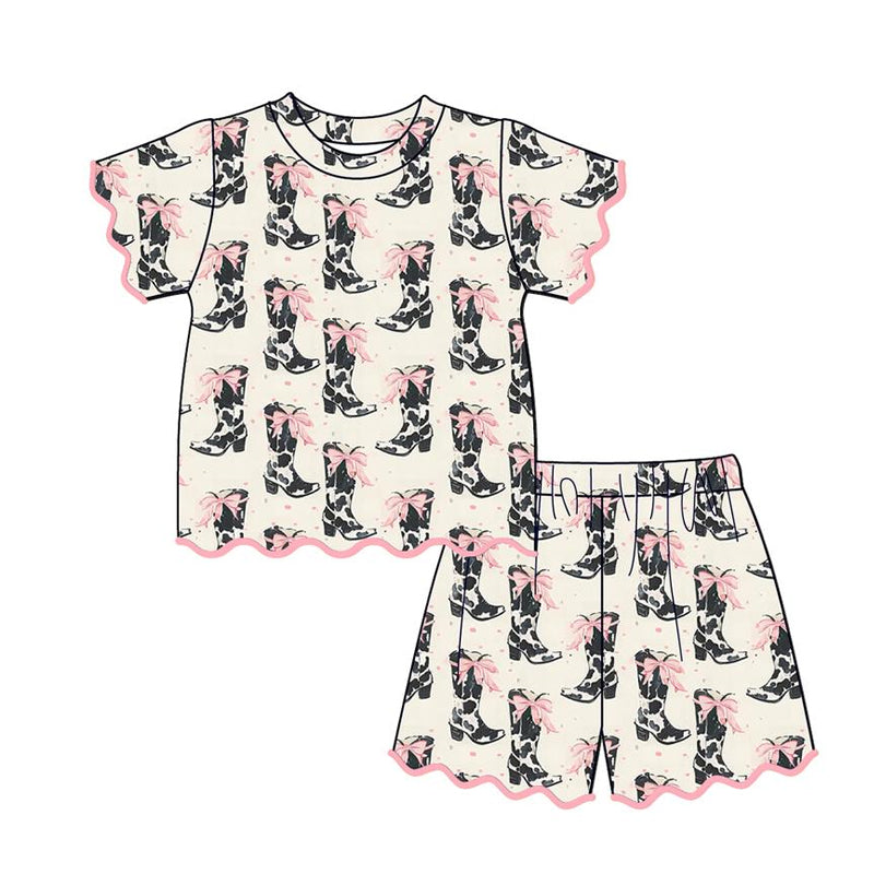 MOQ 30 PCS Preorder GSSO3644 Boots Bows Beige Pink Wave Ruffle Short Sleeve Shorts Girls Sets 202603
