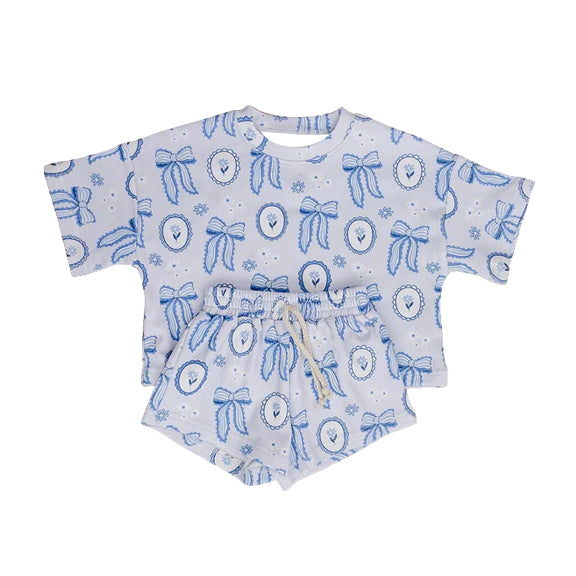 MOQ 5 PCS Preorder GSSO3646 Flower Bows Gray Blue Short Sleeve Shorts Girls Sets 202603