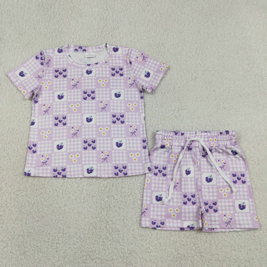 GSSO3647 Grape Flower Purple Plaid Short Sleeve Shorts Girls Sets 202605 RTS