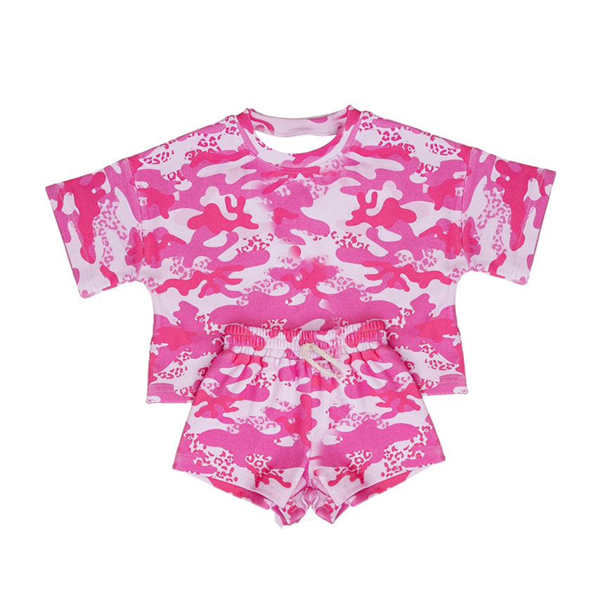 MOQ 5 PCS Preorder GSSO3650 Rose Red Camouflage Short Sleeve Shorts Girls Sets 202603