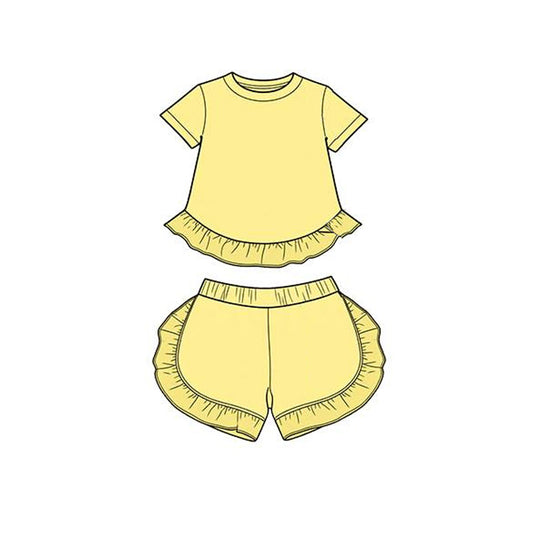 MOQ 5 PCS Preorder GSSO3652 Solid Yellow Ruffle Short Sleeve Shorts Girls Sets 202603