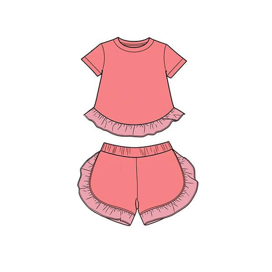MOQ 5 PCS Preorder GSSO3653 Solid Coral Red Ruffle Short Sleeve Shorts Girls Sets 202603
