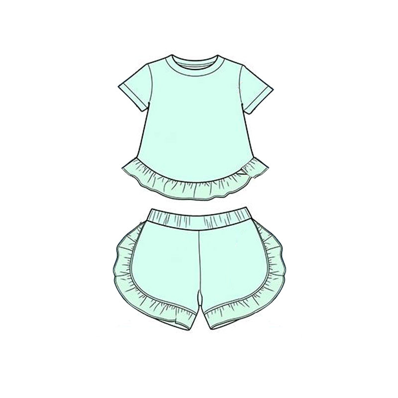 MOQ 5 PCS Preorder GSSO3655 Solid Blue Green Ruffle Short Sleeve Shorts Girls Sets 202603