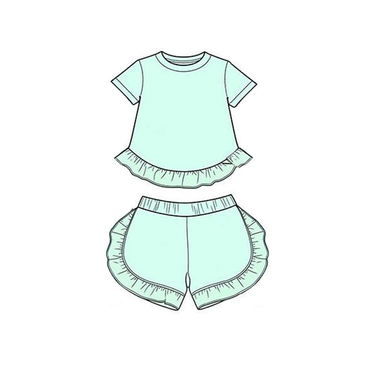 MOQ 5 PCS Preorder GSSO3655 Solid Blue Green Ruffle Short Sleeve Shorts Girls Sets 202603