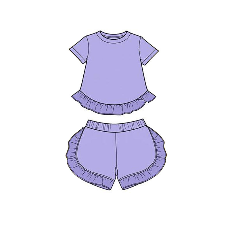 MOQ 5 PCS Preorder GSSO3656 Solid Purple Ruffle Short Sleeve Shorts Girls Sets 202603