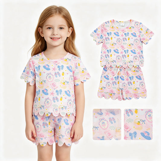 GSSO3657 Fruit Basket Anchor Slippers Starfish Hat Pink Wavy Ruffle Short Sleeve Shorts Girls Sets 202604 RTS