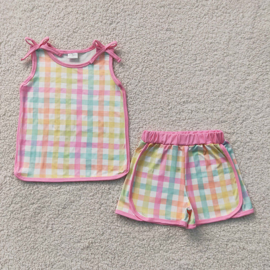 GSSO3659 Colored Plaid Pink Bows Sleeveless Shorts Girls Sets 202607 RTS