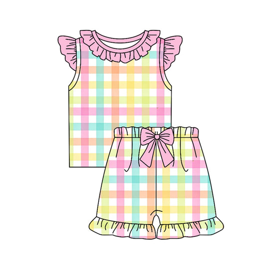 MOQ 5 PCS Preorder GSSO3660 Colored Plaid Pink Bows Ruffle Fly Sleeve Shorts Girls Sets 202603