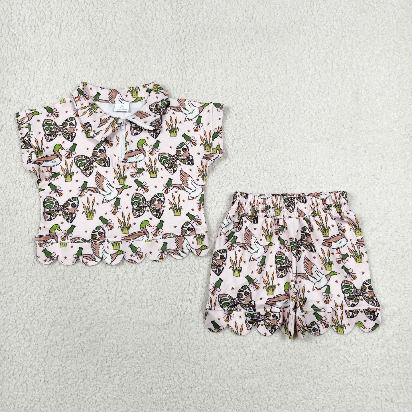 GSSO3669 Ducks Bows Wave Ruffle Pink Zip Short Sleeve Shorts Girls Sets 202606 RTS