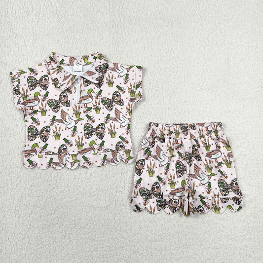 GSSO3669 Ducks Bows Wave Ruffle Pink Zip Short Sleeve Shorts Girls Sets 202606 RTS