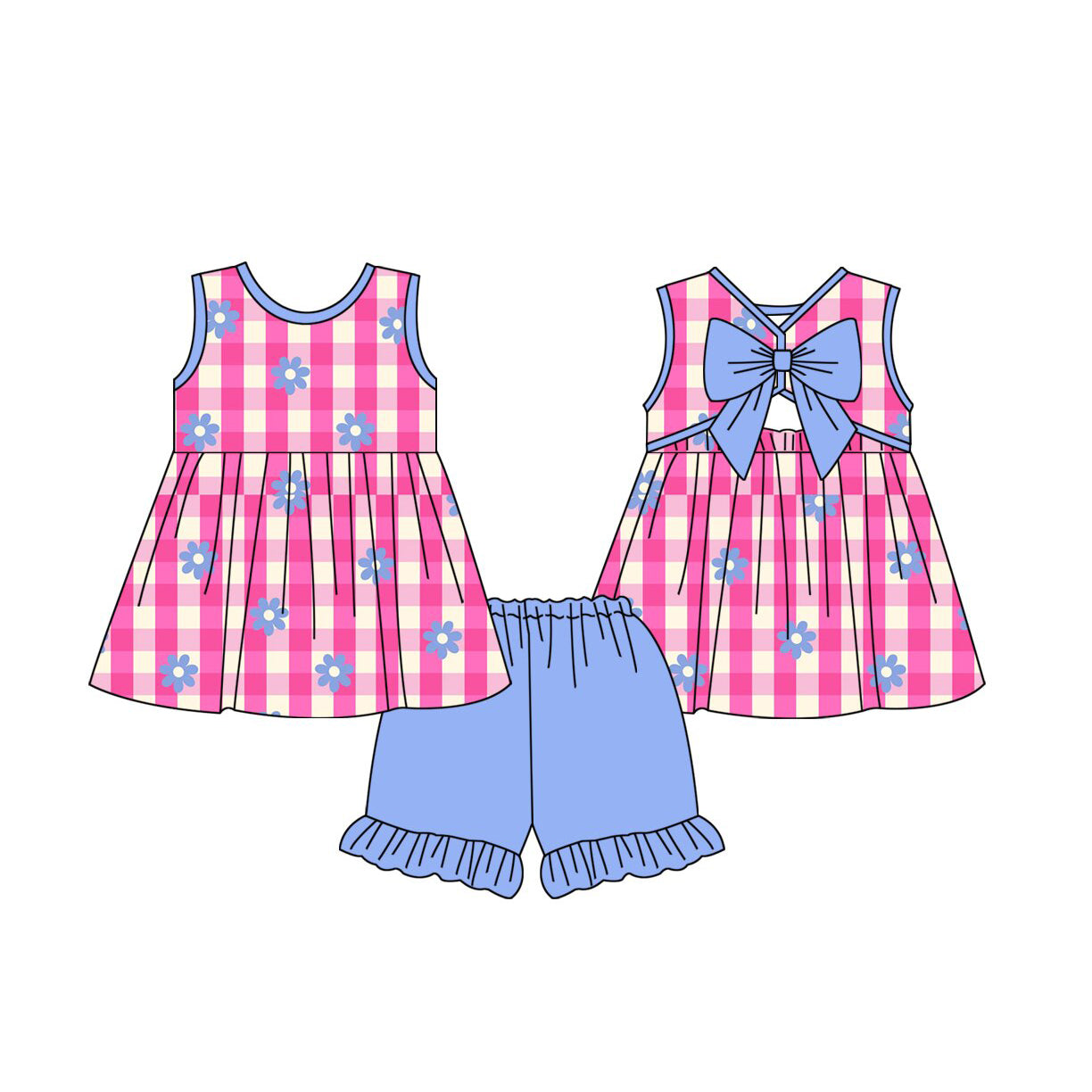 MOQ 5 PCS Preorder GSSO3673 Blue Bows Rose Red Plaid Sleeveless Shorts Girls Sets 202603