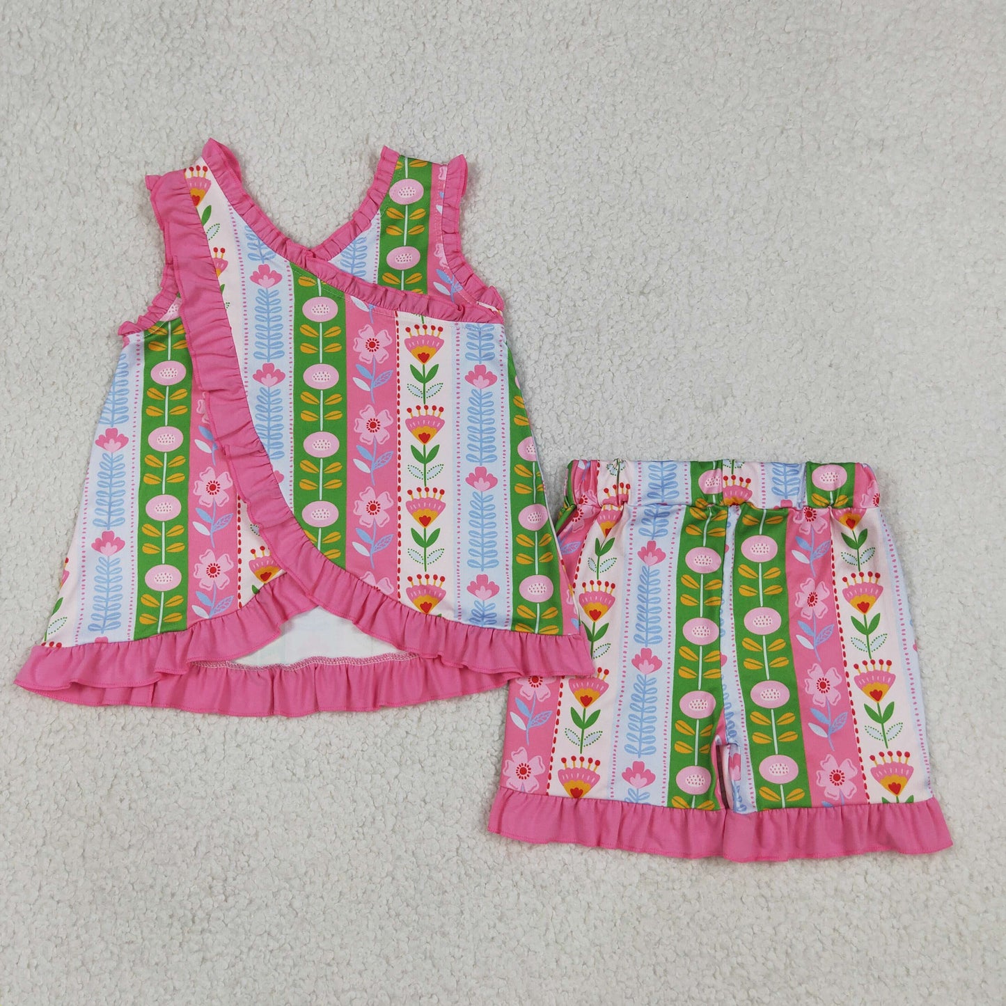 GSSO3676 Flower Stripe Rose Red Ruffle Sleeveless Shorts Girls Sets 202605 RTS