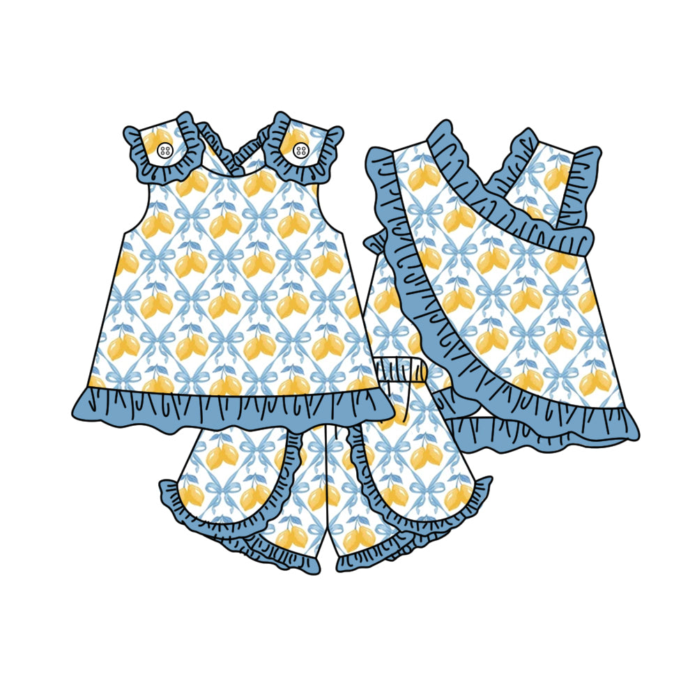 MOQ 5 PCS Preorder GSSO3679 Lemon Bows Gray Blue Ruffle Sleeveless Shorts Girls Sets 202603