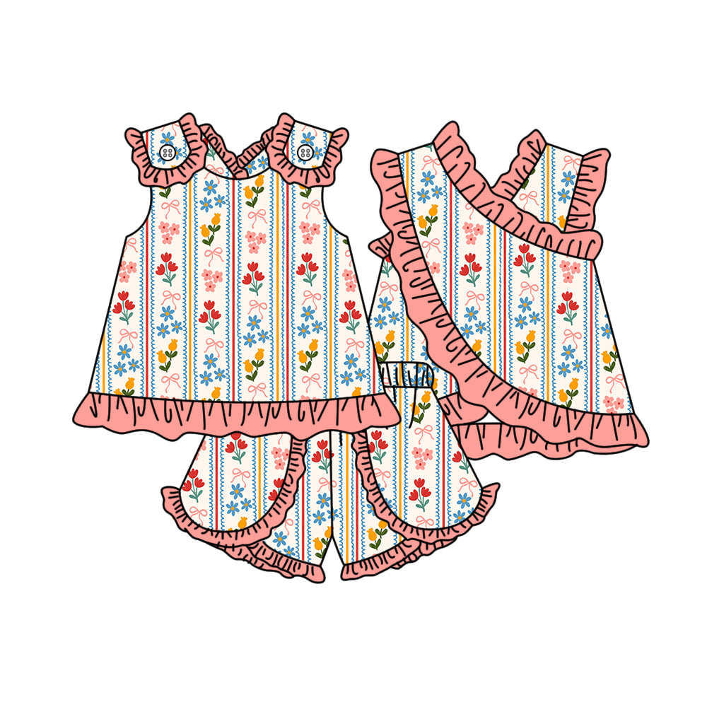 MOQ 5 PCS Preorder GSSO3680 Flower Bows Stripe Orange Pink Ruffle Sleeveless Shorts Girls Sets 202603