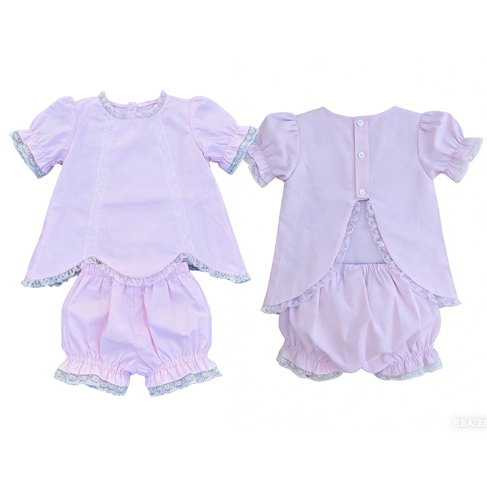 MOQ 5 PCS Preorder GSSO3681 Lace Ruffle Pink Purple Short Sleeve Shorts Girls Sets 202603