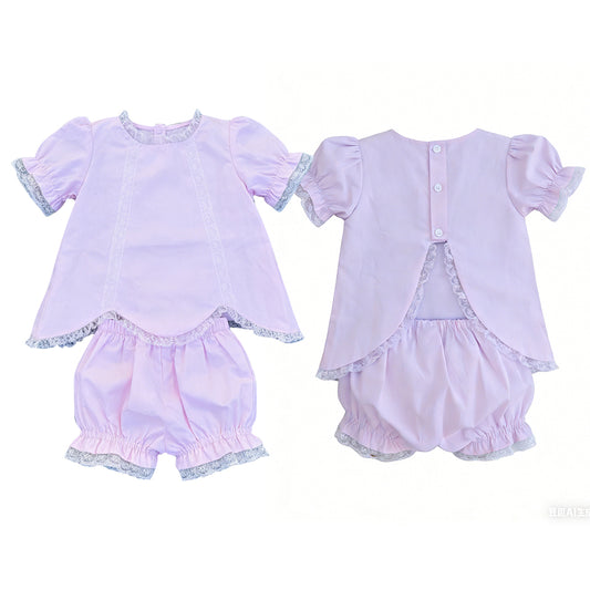 MOQ 5 PCS Preorder GSSO3681 Lace Ruffle Pink Purple Short Sleeve Shorts Girls Sets 202603