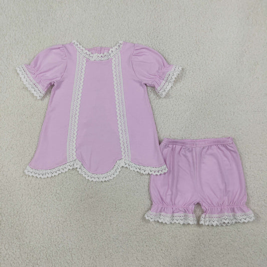 GSSO3681 Lace Ruffle Pink Purple Short Sleeve Shorts Girls Sets 202608 RTS