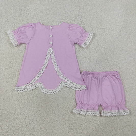 GSSO3681 Lace Ruffle Pink Purple Short Sleeve Shorts Girls Sets 202608 RTS