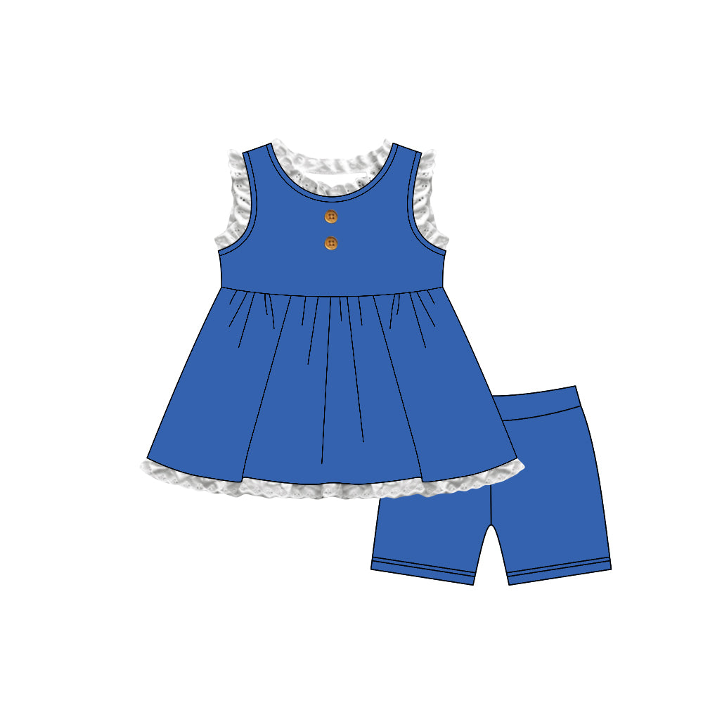 MOQ 5 PCS Preorder GSSO3686 Lace Ruffle Blue Sleeveless Shorts Girls Sets 202603