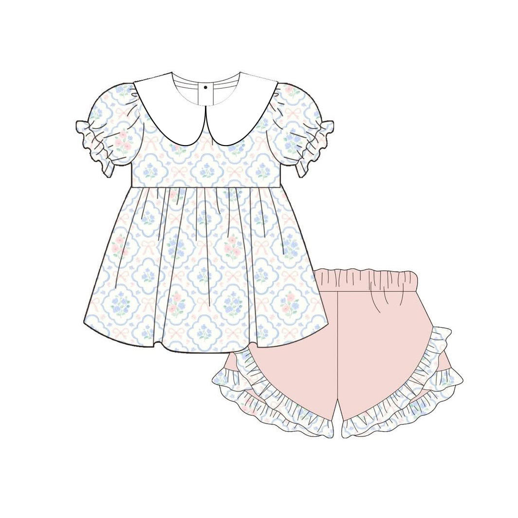MOQ 5 PCS Preorder GSSO3687 Flower Bows White Doll Collar Short Sleeve Ruffle Shorts Girls Sets 202603