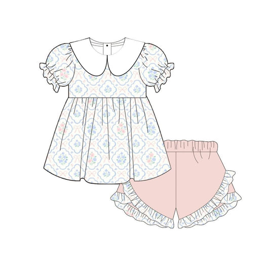 MOQ 5 PCS Preorder GSSO3687 Flower Bows White Doll Collar Short Sleeve Ruffle Shorts Girls Sets 202603
