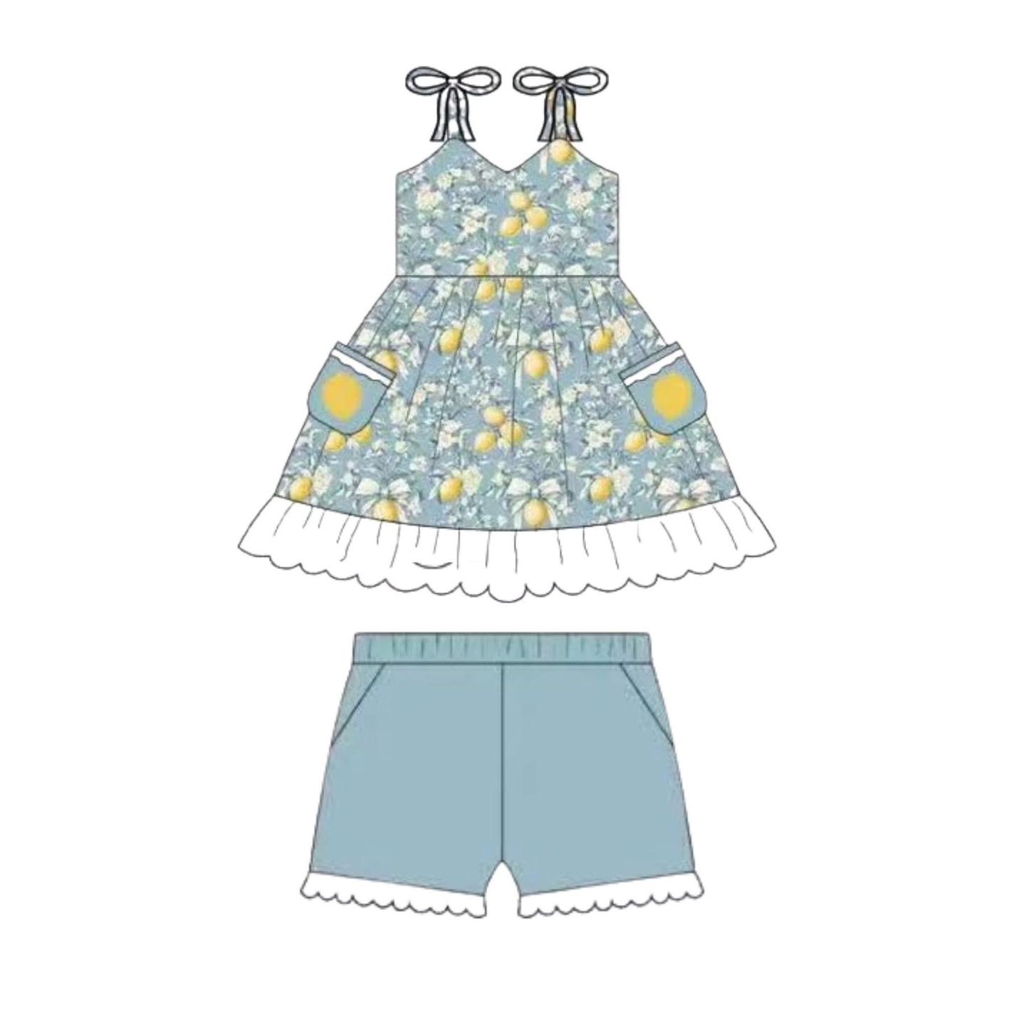 MOQ 5 PCS Preorder GSSO3688 Lemon Flower Bows White Ruffle Sleeveless Shorts Girls Sets 202603