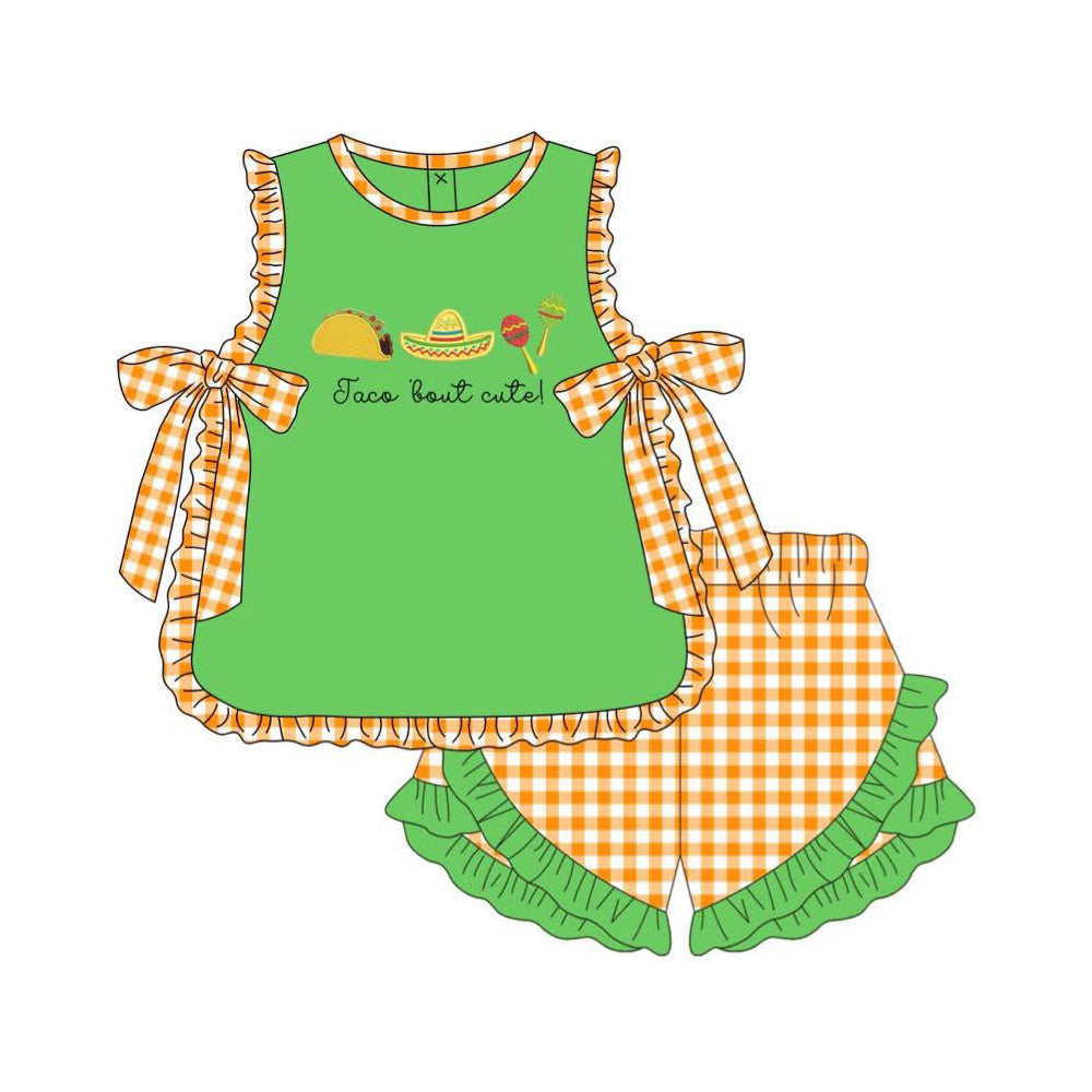 MOQ 5 PCS Preorder GSSO3694 Taco' Bout Cute Orange Plaid Bows Ruffle Green Sleeveless Shorts Girls Sets 202604