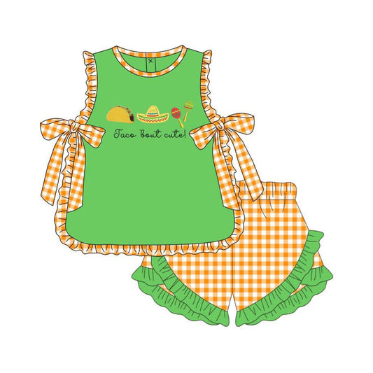 MOQ 5 PCS Preorder GSSO3694 Taco' Bout Cute Orange Plaid Bows Ruffle Green Sleeveless Shorts Girls Sets 202604