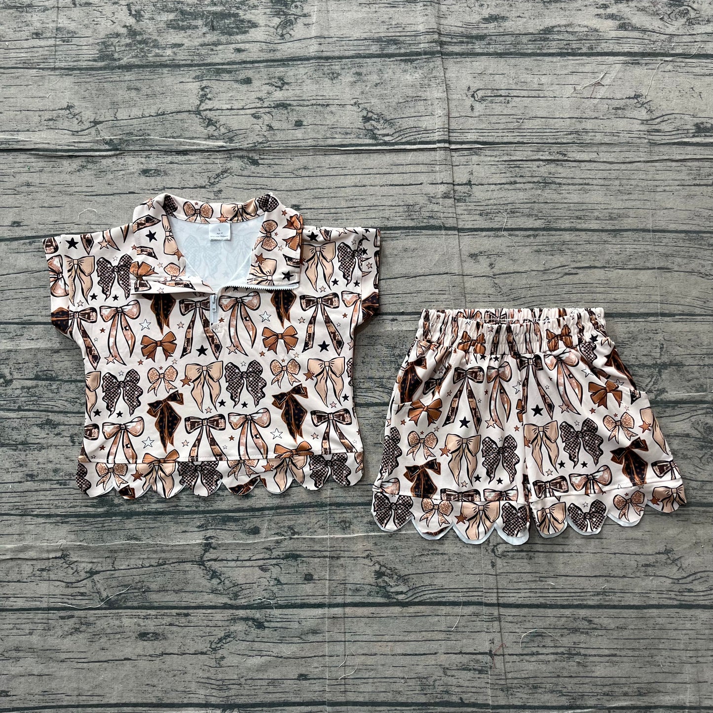 NO MOQ Preorder GSSO3696 Bows Star Khaki Wave Ruffle Zip Short Sleeve Shorts Girls Sets 202605