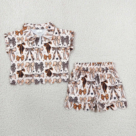 GSSO3696 Bows Star Khaki Wave Ruffle Zip Short Sleeve Shorts Girls Sets 202606 RTS