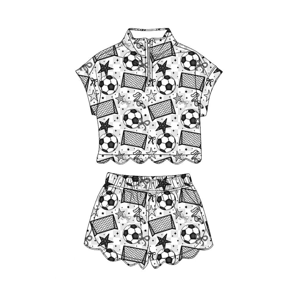 MOQ 30 PCS Preorder GSSO3699 GO TEAM Football Star Bows Plaid Zip Collar Wave Ruffle Short Sleeve Shorts Girls Sets 202604
