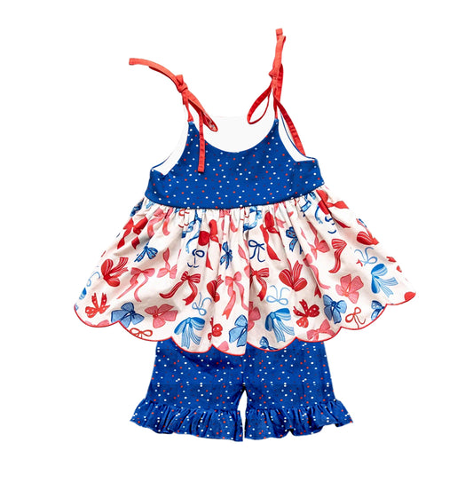 MOQ 5 PCS Preorder GSSO3701 4th of July Bows Dots Sleeveless Ruffle Shorts Girls Sets 202604