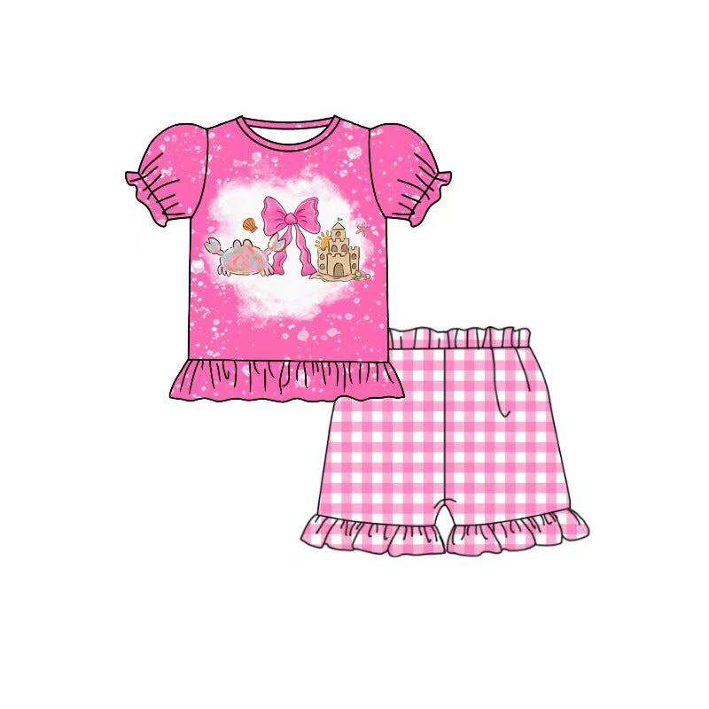 MOQ 5 PCS Preorder GSSO3702 Crab Bow Castle Rose Red Short Sleeve Ruffle Shorts Girls Sets 202604
