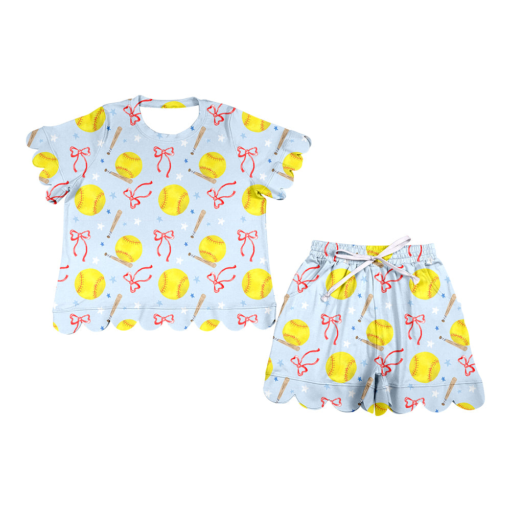 MOQ 30 PCS preorder GSSO3705 Adult Female Softball Star Bows Light Blue Wave Ruffle Short Sleeve Shorts Sets 202604