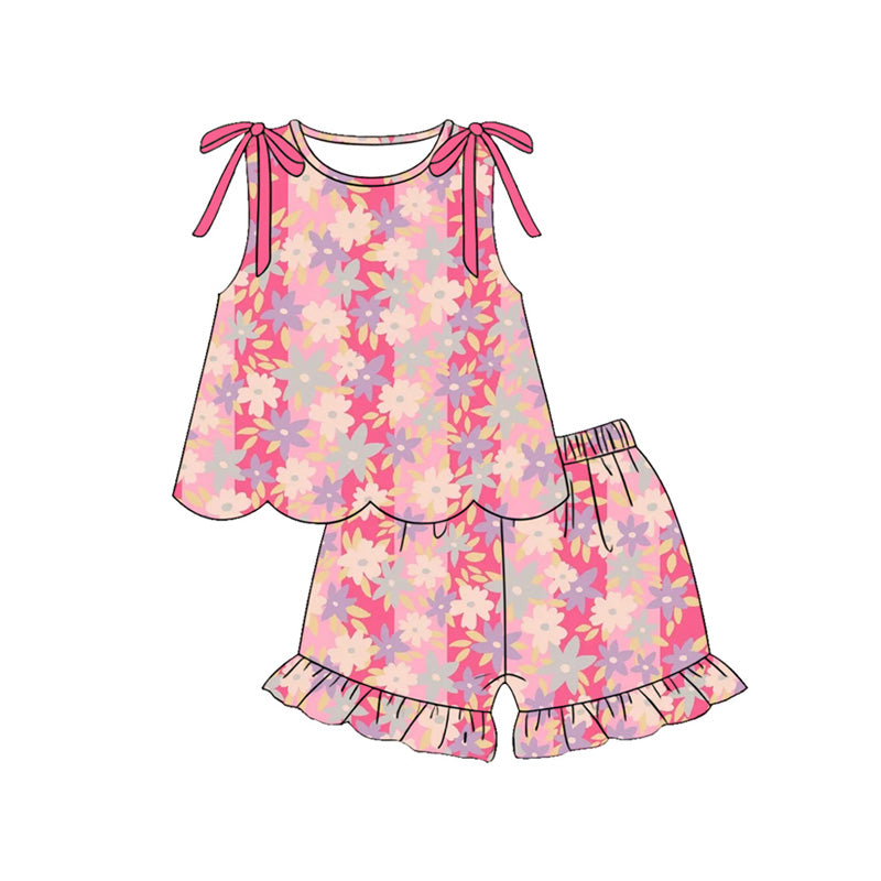 MOQ 30 PCS Preorder GSSO3707 Flower Stripe Rose Red Bows Wave Ruffle Sleeveless Shorts Girls Sets 202604