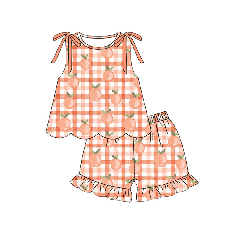 MOQ 30 PCS Preorder GSSO3708 Orange Plaid Bows Bows Wave Ruffle Sleeveless Shorts Girls Sets 202604